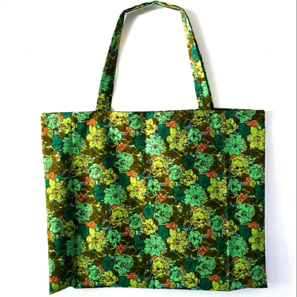 XX Large Green Floral Print Linen Beach Tote Bag - Picture 2 of 8